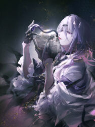 Rule 34 | 1boy, arknights, black gloves, blue hair, commentary, english commentary, eyeshadow, gloves, gradient background, grey background, half-closed eyes, half gloves, highres, holding, holding skull, infection monitor (arknights), leaning back, licking, makeup, male focus, myluche, purple eyes, purple eyeshadow, shalem (arknights), shirt, short hair, skull, snake, solo, tongue, tongue out, torn clothes, upper body, white shirt