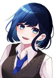 Rule 34 | 1girl, absurdres, black sweater vest, blue eyes, blue hair, blue necktie, blush, collared shirt, commentary, dress shirt, highres, kurokawa akane, looking at viewer, necktie, open mouth, oshi no ko, school uniform, shade, shirt, short hair, sidelocks, simple background, smile, solo, sweater vest, teeth, toa am, upper body, upper teeth only, white background, white shirt