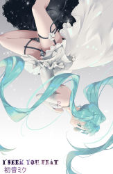 Rule 34 | 1girl, aqua eyes, aqua hair, bad id, bad pixiv id, bare shoulders, commentary, detached sleeves, dress, hatsune miku, highres, panties, pantyshot, ribbon, skirt, solo, striped clothes, striped panties, tattoo, twintails, underwear, upside-down, vocaloid, white dress, white ribbon, white skirt, woc (2072878058)