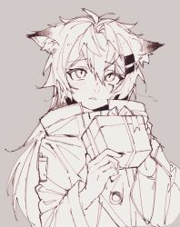 Rule 34 | 1girl, animal ear fluff, animal ears, arknights, blush, box, coat, gift, gift box, greyscale, hair between eyes, hair ornament, hairclip, high collar, highres, holding, holding gift, lappland (arknights), long sleeves, looking at viewer, monochrome, parted lips, sato (lappysuki), simple background, solo, upper body