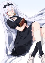 Rule 34 | 1girl, :d, black dress, black gloves, blue background, book, choker, commentary request, cross, cross choker, dress, glasses, gloves, headpiece, highres, holding, holding book, long hair, looking at viewer, open mouth, red eyes, round eyewear, sitting, smile, solo, totomono, very long hair, virtual youtuber, white background, white footwear, white hair, yokozuwari, yumemi channel, yumemip