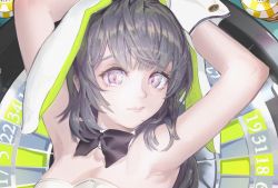 Rule 34 | 1girl, animal ears, armpits, arms up, bare shoulders, black bow, bow, closed mouth, cropped, eyelashes, fake animal ears, film grain, gigapuri, grey hair, highres, lipstick, long eyelashes, long hair, looking at viewer, makeup, original, poker chip, purple eyes, rabbit ears, roulette table, solo, table, upper body