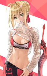 Rule 34 | 1girl, aestus estus, ahoge, arm behind back, braid, breasts, cleavage, clothes in mouth, clothes lift, clothes pull, clothes writing, cowboy shot, fate/grand order, fate (series), green eyes, hair bun, hair intakes, hair ribbon, honeycomb (pattern), lifting own clothes, long sleeves, medium breasts, mouth hold, navel, nero claudius (fate), nero claudius (fate) (all), nero claudius (fate/extra), pants, pants pull, pulling own clothes, red ribbon, ribbon, see-through, shirt in mouth, shirt lift, short hair, sidelocks, single hair bun, solo, sportswear, stomach, sweat, wet, yahako, yoga pants
