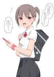 Rule 34 | +++, 1girl, :d, bag, black skirt, blush, bow, brown eyes, brown hair, cellphone, collared shirt, commentary request, dress shirt, highres, holding, holding phone, kanju, looking at viewer, mole, mole under eye, open mouth, original, phone, pleated skirt, red bow, school bag, school uniform, shirt, short sleeves, side ponytail, simple background, skirt, smile, solo, translation request, white background, white shirt