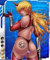Rule 34 | 00s, 1girl, armor, ass, ass tattoo, back, bare shoulders, blonde hair, blue background, blush, breasts, card (blue-hr), card (medium), clenched teeth, cowboy shot, dildo, dual wielding, elbow gloves, female focus, from behind, gloves, half-closed eyes, hand up, holding, horns, kokonoki nao, large breasts, larkshasha, lilith-soft, lipstick, long hair, looking at viewer, looking back, low ponytail, makeup, official art, ponytail, pussy juice, red eyes, sex toy, single horn, solo, standing, sweat, taimanin (series), taimanin asagi, taimanin asagi battle arena all card gallery, taimanin asagi kessen arena, tattoo, teeth, thighhighs, thong, vambraces, vibrator, wavy hair, weapon