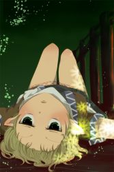 Rule 34 | 1girl, aoi (annbi), bare legs, blonde hair, bored, face, female focus, forehead, green eyes, jitome, lying, mizuhashi parsee, on back, pointy ears, short hair, solo, touhou, upside-down
