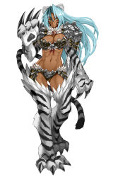Rule 34 | 1girl, abs, animal ears, animal hands, armor, bell, bikini armor, black hair, blush, body blush, breasts, brown hair, claws, cleavage, cleavage cutout, clothing cutout, facial mark, faulds, floating hair, full body, fur, fur trim, hair between eyes, highres, jingle bell, jinko (monster girl encyclopedia), kenkou cross, large breasts, long hair, looking at viewer, monster girl, monster girl encyclopedia, monster girl encyclopedia ii, multicolored hair, muscular, muscular female, navel, official art, orange eyes, pauldrons, recolor, recolored, shoulder armor, simple background, solo, standing, tail, tiger, tiger ears, tiger tail, two-tone hair, very long hair, white background, wide hips