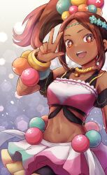 Rule 34 | 1girl, beads, brown eyes, brown hair, crop top, dark-skinned female, dark skin, fire emblem, fire emblem engage, flower, hair beads, hair ornament, highres, jewelry, long hair, looking at viewer, midriff, navel, necklace, nintendo, open mouth, ponytail, skirt, smile, solo, sparkle, sparkling eyes, teeth, timerra (fire emblem), upper teeth only, zuguroman