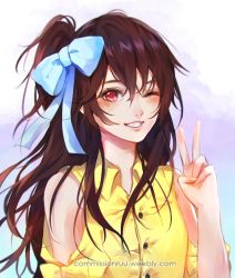 Rule 34 | 1girl, arm up, artist name, blue bow, blush, bow, buttons, collared shirt, grin, hair between eyes, hair bow, half updo, long hair, looking at viewer, one eye closed, original, parted lips, pink eyes, ruuto-kun, shirt, smile, solo, teeth, v, watermark, web address, wing collar, yellow bow, yellow shirt
