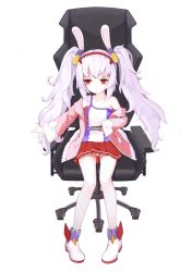 Rule 34 | 1girl, absurdres, animal ears, azur lane, bare shoulders, blush, boots, camisole, chair, chenran tiantang, closed mouth, collarbone, commentary request, hair ornament, hairband, high heel boots, high heels, highres, jacket, laffey (azur lane), long hair, long sleeves, off shoulder, office chair, on chair, open clothes, open jacket, panties, pantyshot, pigeon-toed, pink jacket, pleated skirt, rabbit ears, red eyes, red hairband, red skirt, sidelocks, silver hair, sitting, skirt, solo, strap slip, striped clothes, striped panties, swivel chair, thighhighs, twintails, underwear, very long hair, white background, white camisole, white footwear, white thighhighs