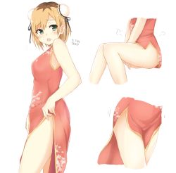 Rule 34 | 1girl, alternate costume, between legs, black ribbon, blonde hair, brown hair, china dress, chinese clothes, double bun, dress, floral print, from side, green eyes, hair between eyes, hair bun, hair ribbon, hand between legs, hard-translated, highres, invisible chair, looking at viewer, miyamori aoi, multicolored hair, print dress, red dress, ribbon, shirobako, short hair, side slit, simple background, sitting, sleeveless, sleeveless dress, solo, standing, tahita1874, third-party edit, translated, two-tone hair, white background