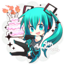 Rule 34 | 1girl, aqua eyes, aqua hair, birthday, cake, chibi, detached sleeves, food, hatsune miku, looking at viewer, n:go, open mouth, skirt, smile, solo, sparkle, thighhighs, twintails, vocaloid