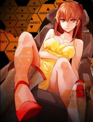 Rule 34 | 1girl, arm under breasts, bare shoulders, breasts, cleavage, closed mouth, collarbone, dress, dutch angle, eyelashes, foot out of frame, foreshortening, hair between eyes, hair ornament, high heels, highres, laio, legs, long hair, looking at viewer, medium breasts, neon genesis evangelion, orange hair, purple eyes, red footwear, short dress, sitting, sleeveless, sleeveless dress, solo, souryuu asuka langley, strappy heels, toe cleavage, yellow dress