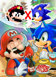 Rule 34 | 2boys, absurdres, alternate color, bag, castle, crossover, drink, closed eyes, facial hair, fire mario, food, grass, green eyes, hand on own head, hat, highres, jewelry, koopa troopa, laughing, male focus, mario, mario (series), multiple boys, mushroom, mustache, nintendo, piranha plant, plant, ring, rivals, sega, sonic (series), sonic the hedgehog, speech bubble, sprites, super mario bros. 1, suspenders, tails (sonic), warp pipe
