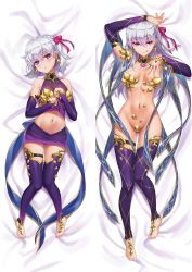 Rule 34 | 2girls, :t, areola slip, armor, arms up, bare shoulders, barefoot, bikini armor, blush, breasts, closed mouth, collarbone, commentary request, dakimakura (medium), detached sleeves, dress, dual persona, earrings, fate/grand order, fate (series), feet, flower, full body, hair between eyes, hair ribbon, highres, jewelry, kama (fate), kama (first ascension) (fate), kama (second ascension) (fate), large breasts, licking lips, long hair, looking at viewer, lotus, multiple girls, multiple views, nail polish, navel, pink nails, pink ribbon, pout, puffy cheeks, purple dress, purple legwear, purple sleeves, red eyes, revealing clothes, ribbon, ring, short hair, silver hair, sleeveless, sleeveless dress, small breasts, smile, thigh strap, thighlet, thighs, tonee, tongue, tongue out