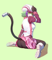 Rule 34 | 10s, 1girl, android, arm up, ass, black gloves, black pantyhose, cable, cable tail, dimension w, gloves, green eyes, green hair, hand on headwear, hat, highres, juliet sleeves, long sleeves, looking at viewer, looking back, matching hair/eyes, mechanical tail, multicolored hair, nian (zhanian), panties, panties under pantyhose, pantyhose, plug, puffy sleeves, shirt, sitting, skirt, solo, streaked hair, tail, underwear, vest, wariza, yurizaki mira