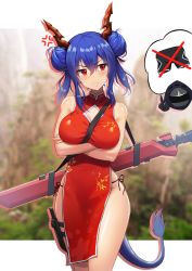 Rule 34 | 1girl, 1other, alternate costume, anger vein, arknights, bare arms, bare shoulders, blue hair, breasts, ch&#039;en (ageless afterglow) (arknights), ch&#039;en (arknights), chi xiao (arknights), china dress, chinese clothes, cowboy shot, crossed arms, doctor (arknights), double bun, dragon horns, dragon tail, dress, hair between eyes, hair bun, head tilt, highres, holiday (pangjelly), horns, large breasts, long hair, looking at viewer, official alternate costume, panties, red dress, red eyes, side-tie panties, sidelocks, sleeveless, standing, tail, thigh strap, thighs, underwear, x