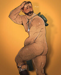 Rule 34 | 1boy, armpit hair, ass, bara, beard, blush, call of duty, call of duty: modern warfare 2, captain price, chris sdd, facial hair, hairy, hand on own head, hat, hat on back, highres, jewelry, large pectorals, legwear garter, male focus, mature male, muscular, muscular male, necklace, nipples, nude, one eye closed, pectorals, simple background, solo, thick thighs, thighs, yellow background