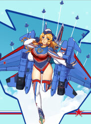 Rule 34 | 1girl, aircraft, airplane, blonde hair, blue eyes, breasts, fingerless gloves, full body, garrison cap, gloves, hat, highres, jet, large breasts, leotard, long hair, long sleeves, looking at viewer, mecha musume, military, military vehicle, original, personification, smile, solo, star (symbol), stirrup legwear, thighhighs, toeless legwear, white thighhighs, z.s.w.