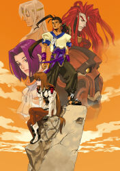 2girls 4boys armor black_hair brown_hair circlet cloud commentary_request elhaym_van_houten fei_fong_wong full_body grahf id_(xenogears) krelian_(xenogears) long_hair looking_to_the_side miang_hawwa multiple_boys multiple_girls pantyhose pilot_suit ponytail red_hair short_hair sitting sonomoto_shinzou_(natsume_kyouji) white_hair xenogears