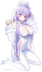 Rule 34 | 1girl, absurdres, animal ears, bare shoulders, between breasts, breasts, cleavage, covered navel, detached collar, extra ears, fake tail, fishnets, floppy ears, hair over shoulder, hands up, hat, high heels, highleg, highleg leotard, highres, holding, holding pocket watch, jacket, kneeling, large breasts, leotard, long hair, long sleeves, looking at viewer, low twintails, natsuki marina, necktie, necktie between breasts, off shoulder, open clothes, open jacket, original, pantyhose, parted lips, playboy bunny, pocket watch, purple eyes, purple hair, rabbit ears, rabbit tail, simple background, solo, strapless, strapless leotard, tail, tailcoat, thighs, top hat, twintails, very long hair, watch, white background, white footwear, white jacket, white leotard, white pantyhose