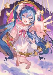 Rule 34 | 1girl, :d, absurdres, ahoge, animal, aqua eyes, aqua hair, arm up, bare arms, bare legs, bare shoulders, barefoot, collarbone, commentary request, dress, earrings, from above, full body, glint, hair ornament, hatsune miku, highres, jewelry, light blush, long hair, looking at viewer, nemari (user wtca7244), open mouth, outstretched hand, pink ribbon, rabbit, ribbon, sitting, sleeveless, sleeveless dress, smile, star (symbol), star earrings, strapless, strapless dress, symbol-shaped pupils, twintails, very long hair, vocaloid, white dress