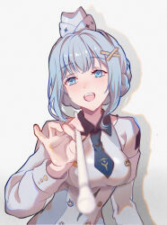 Rule 34 | 1girl, absurdres, black necktie, blue eyes, blush, braid, braided bun, breasts, chinese commentary, cloudyman, collared dress, commentary, dress, garrison cap, grey background, grey hair, hair bun, hair intakes, hair ornament, hand up, hat, highres, holding cotton swab, liv: empyrea (punishing: gray raven), liv (punishing: gray raven), long sleeves, looking at viewer, medium breasts, necktie, open mouth, punishing: gray raven, shadow, short hair, short necktie, simple background, solo, uniform, upper body, white dress, white hat, x hair ornament