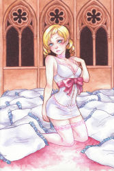 Rule 34 | 1girl, blonde hair, blue eyes, bow, breasts, catherine, catherine (game), choker, cleavage, crestomancer, dress, drill hair, highres, ink (medium), kneeling, lipstick, makeup, painting (medium), pillow, pink lips, ribbon, short dress, solo, strap pull, thighhighs, traditional media, waist bow, watercolor (medium), white dress
