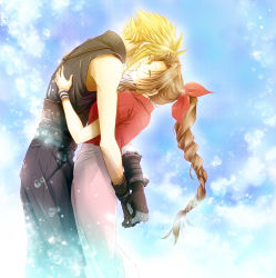 Rule 34 | 1boy, 1girl, aerith gainsborough, arm armor, arms around waist, baggy pants, bangle, bare shoulders, belt, blonde hair, blue background, blue pants, blue shirt, bracelet, braid, braided ponytail, brown hair, closed eyes, cloud, cloud strife, cloudy sky, couple, cropped jacket, dress, final fantasy, final fantasy vii, gloves, hair ribbon, hug, jacket, jewelry, kiss, kissing cheek, leaning back, leaning forward, long dress, long hair, multiple belts, pants, parted bangs, parted lips, persia (blue-sky), pink dress, red jacket, red ribbon, ribbon, shirt, short hair, short sleeves, sidelocks, simple background, sky, sleeveless, sleeveless turtleneck, smile, spiked hair, square enix, suspenders, turtleneck, upper body, wavy hair