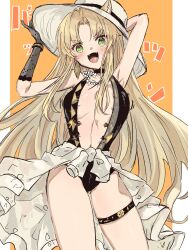 Rule 34 | 1girl, :d, an fyhx, animal ears, arknights, armpits, arms up, black gloves, black one-piece swimsuit, blonde hair, blush, breasts, breasts apart, casual one-piece swimsuit, center opening, clothes around waist, commentary request, contrapposto, cowboy shot, ears through headwear, elbow gloves, fangs, gloves, gluteal fold, green eyes, hands on headwear, hat, highres, jewelry, long hair, looking at viewer, medium breasts, necklace, official alternate costume, one-piece swimsuit, open mouth, orange background, parted bangs, simple background, single glove, skindentation, smile, solo, sun hat, swimsuit, swire (arknights), thigh strap, tiger ears, v-shaped eyebrows, very long hair, wardrobe malfunction, white hat