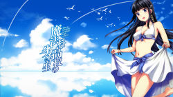 Rule 34 | 1girl, bikini, bow, bow bikini, breasts, cleavage, clothes lift, contrail, copyright name, day, english text, from below, from side, highres, lifting own clothes, long hair, mahouka koukou no rettousei, official art, official wallpaper, outdoors, sarong, sarong lift, shiba miyuki, solo, sparkle, swimsuit, tagme, thighs, very long hair, white bikini