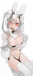 Rule 34 | 1girl, albino, animal ears, black bow, black bra, black panties, blush, bow, bra, breasts, covered erect nipples, detached collar, detached sleeves, drill hair, from above, gloves, hair over one eye, head tilt, highres, large breasts, legs together, long hair, looking at viewer, looking up, navel, original, panties, rabbit ears, rabbit tail, red eyes, solo, squatting, tail, thighhighs, underwear, watarumi, white gloves, white hair