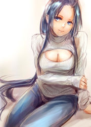 Rule 34 | 1girl, arm support, blue eyes, blue hair, breasts, cleavage, cleavage cutout, clothing cutout, contemporary, denim, head tilt, holding own arm, jeans, large breasts, light smile, long hair, long sleeves, looking at viewer, magi the labyrinth of magic, mak (kainemaru), meme attire, mole, mole under mouth, open-chest sweater, pants, ren hakuei, ribbed sweater, sidelocks, simple background, sitting, sketch, sleeves past wrists, smile, solo, sweater, turtleneck, very long hair, white background