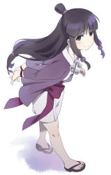 Rule 34 | 1girl, ace attorney, black eyes, black hair, bracelet, double bun, feet, full body, hair bun, half updo, japanese clothes, jewelry, kimono, long hair, magatama, mattaku mousuke, maya fey, necklace, purple ribbon, ribbon, sandals, simple background, slippers, smile, solo, standing, toes, twintails, white background