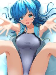 Rule 34 | 1girl, aigami shion, blue eyes, blue hair, blue sailor collar, blurry, breasts, competition swimsuit, covered navel, depth of field, double bun, feet out of frame, garter-velvet, grey one-piece swimsuit, hair bun, highres, looking at viewer, medium breasts, medium hair, one-piece swimsuit, open clothes, open mouth, open shirt, original, reaching, reaching towards viewer, round teeth, sailor collar, shirt, sitting, sleeveless, sleeveless shirt, smile, solo, swimsuit, teeth, two-tone swimsuit, upper teeth only