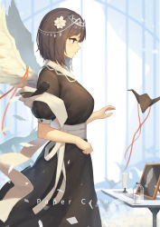 Rule 34 | 1girl, absurdres, blue eyes, blush, breasts, brown hair, closed mouth, english text, feathers, flower, from side, hair flower, hair ornament, highres, indoors, large breasts, looking away, origami, original, paper crane, puffy short sleeves, puffy sleeves, short sleeves, solo, table, yao ren gui