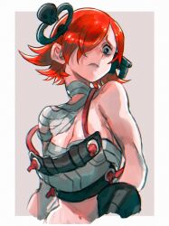Rule 34 | 1girl, a.b.a, bandages, breasts, green eyes, guilty gear, guilty gear xx, highres, homunculus, key in head, large breasts, looking at viewer, medium hair, object through head, red hair, yohane shimizu