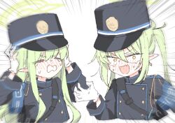 Rule 34 | 2girls, armband, black hat, black jacket, blue archive, blue armband, blush, closed eyes, commentary request, earrings, emphasis lines, fang, gloves, green hair, hair between eyes, halo, hands on own head, hat, highlander sidelocks conductor (blue archive), highlander twintails conductor (blue archive), highres, jacket, jewelry, long hair, long sleeves, matsuda hikari, multiple girls, nose blush, open mouth, orange eyes, pointy ears, sidelocks, simple background, single earring, skin fang, tears, twintails, upper body, white background