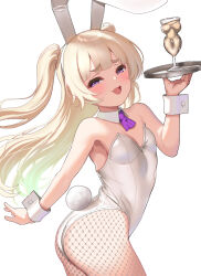 Rule 34 | 1girl, :3, alternate costume, animal ears, azur lane, bache (azur lane), blonde hair, breasts, cocktail glass, cup, detached collar, drinking glass, fake animal ears, fake tail, fishnet pantyhose, fishnets, hand up, highleg, highleg leotard, highres, holding, holding tray, leotard, long hair, looking at viewer, mesugaki, necktie, pantyhose, pettan p, playboy bunny, rabbit ears, rabbit tail, short necktie, small breasts, smile, smug, solo, strapless, strapless leotard, tail, thick eyebrows, tray, two side up, v-shaped eyebrows, white background, wrist cuffs