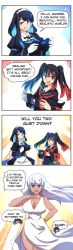 Rule 34 | 3girls, 4koma, absurdres, apron, backlighting, black hair, blue eyes, blue hair, breasts, comic, commentary, controller, dark-skinned female, dark skin, dress, dualshock, english commentary, english text, fang, flat chest, game console, game controller, gamepad, gloves, heterochromia, highres, huge breasts, large breasts, long dress, maid apron, maid headdress, merryweather, multicolored hair, multiple girls, nintendo switch, nintendo switch (personification), open mouth, original, os-tan, pc personification, playing games, playstation 4, playstation 4 (personification), playstation controller, red eyes, red hair, side slit, sleeveless, sleeveless dress, white dress, white gloves