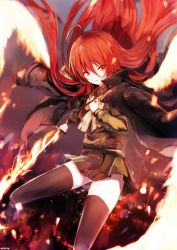 Rule 34 | 1girl, absurdres, ahoge, black jacket, black thighhighs, blurry, blurry background, bow, cityscape, commentary request, depth of field, fiery wings, flaming sword, flaming weapon, floating hair, green sailor collar, green serafuku, green shirt, green skirt, hair between eyes, highres, holding, holding sword, holding weapon, huge filesize, jacket, jacket on shoulders, katana, long hair, long sleeves, looking at viewer, nekoya (liu), pleated skirt, red eyes, red hair, sailor collar, school uniform, serafuku, shakugan no shana, shana, shirt, signature, skirt, solo, sword, thighhighs, very long hair, weapon, wings, yellow bow