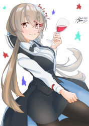 Rule 34 | 1girl, absurdres, alcohol, alternate costume, ayuman, black bow, black pantyhose, black skirt, bow, breasts, brown eyes, brown hair, buttons, closed mouth, collared shirt, cup, dated, drinking glass, hair between eyes, hair bow, hair ornament, hairclip, highres, holding, holding cup, kantai collection, large breasts, long hair, long sleeves, low twintails, pantyhose, pencil skirt, shirt, signature, skirt, smile, solo, tashkent (kancolle), twintails, white background, white shirt, wine, wine glass