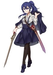 Rule 34 | 1girl, absurdres, alternate costume, bag, blouse, blue eyes, blue hair, breasts, casual, center frills, corset, crests (fire emblem), ebinku, fire emblem, fire emblem awakening, frills, high-waist skirt, highres, holding, holding clothes, holding jacket, holding sword, holding weapon, jacket, jacket on shoulders, legs apart, loafers, long hair, looking at viewer, lucina (fire emblem), meme attire, nintendo, ponytail, satchel, scabbard, sheath, shirt, shoes, simple background, skirt, sleeves rolled up, smile, solo, suspender skirt, suspenders, sword, thighhighs, underbust, virgin killer outfit, walking, weapon, white background, white shirt