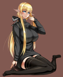 Rule 34 | 1girl, bad id, black thighhighs, blonde hair, blush, breasts, elf, huge breasts, large breasts, long hair, nyamota, open mouth, original, pointy ears, ribbed sweater, ribbon, sitting, solo, sweater, thighhighs