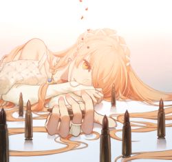 Rule 34 | 1girl, ammunition, blonde hair, bullet, commentary, dress, earrings, elbow gloves, girls&#039; frontline, gloves, hair between eyes, hair ornament, hair over one eye, highres, jewelry, long hair, looking at viewer, lying, official alternate costume, on side, open mouth, ots-14 (destined love) (girls&#039; frontline), ots-14 (girls&#039; frontline), partially fingerless gloves, petals, rabb horn, ring, shell casing, simple background, solo, upper body, white dress, white gloves, yellow eyes