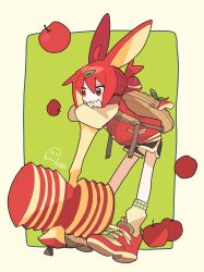 Rule 34 | 1girl, absurdres, ahoge, aida (aidia), animal ears, apple, apple rabbit, artist name, backpack, bag, black shorts, brown bag, commentary, crossed arms, dolphin shorts, food, food art, fruit, full body, green background, hair bun, hair ornament, hairclip, head rest, highres, jacket, letterman jacket, long sleeves, medium hair, original, rabbit ears, red eyes, red footwear, red hair, red jacket, shoes, shorts, sneakers, socks, solo, symbol-only commentary, toy hammer