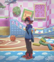Rule 34 | 1boy, artist name, bag, ball, basketball, basketball (object), basketball hoop, blue jacket, brown eyes, brown hair, candy wrapper, cocoloco, commentary request, creatures (company), dated, full body, game freak, hat, hilbert (pokemon), indoors, jacket, long sleeves, male focus, messenger bag, nintendo, poke ball print, pokemon, pokemon bw, red footwear, red hat, shoes, short hair, shoulder bag, standing, star (symbol), toy train, twitter username