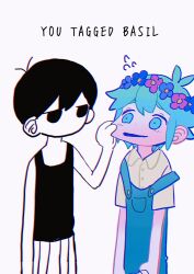 Rule 34 | 2boys, basil (headspace) (omori), basil (omori), black eyes, black hair, black tank top, blue overalls, cheek pull, collared shirt, colored skin, flower, flying sweatdrops, green eyes, green hair, head wreath, highres, male focus, multiple boys, omori, omori (omori), overalls, parted lips, shirt, shorts, simple background, tank top, tate ware anal, white background, white shorts, white skin, yellow shirt