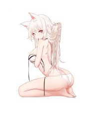 Rule 34 | 1girl, animal ears, arm under breasts, ass, bare legs, barefoot, bikini, breast hold, breasts, cat ears, choker, from side, full body, grey eyes, hair lift, highres, kincora, large breasts, leaning forward, long hair, looking at viewer, mouth hold, noah fantasy, official art, ribbon, ribbon in mouth, seiza, sitting, solo, swimsuit, transparent background, untied bikini, white bikini, white hair