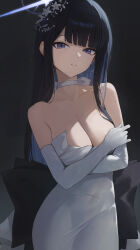 Rule 34 | 1girl, absurdres, bare shoulders, black hair, blue archive, blue eyes, blue hair, blue halo, breasts, cleavage, colored inner hair, commentary request, crossed arms, dark background, dress, elbow gloves, gloves, halo, highres, large breasts, long hair, looking at viewer, multicolored hair, official alternate costume, saori (blue archive), saori (dress) (blue archive), simple background, solo, strapless, strapless dress, toi1et paper, white dress, white gloves